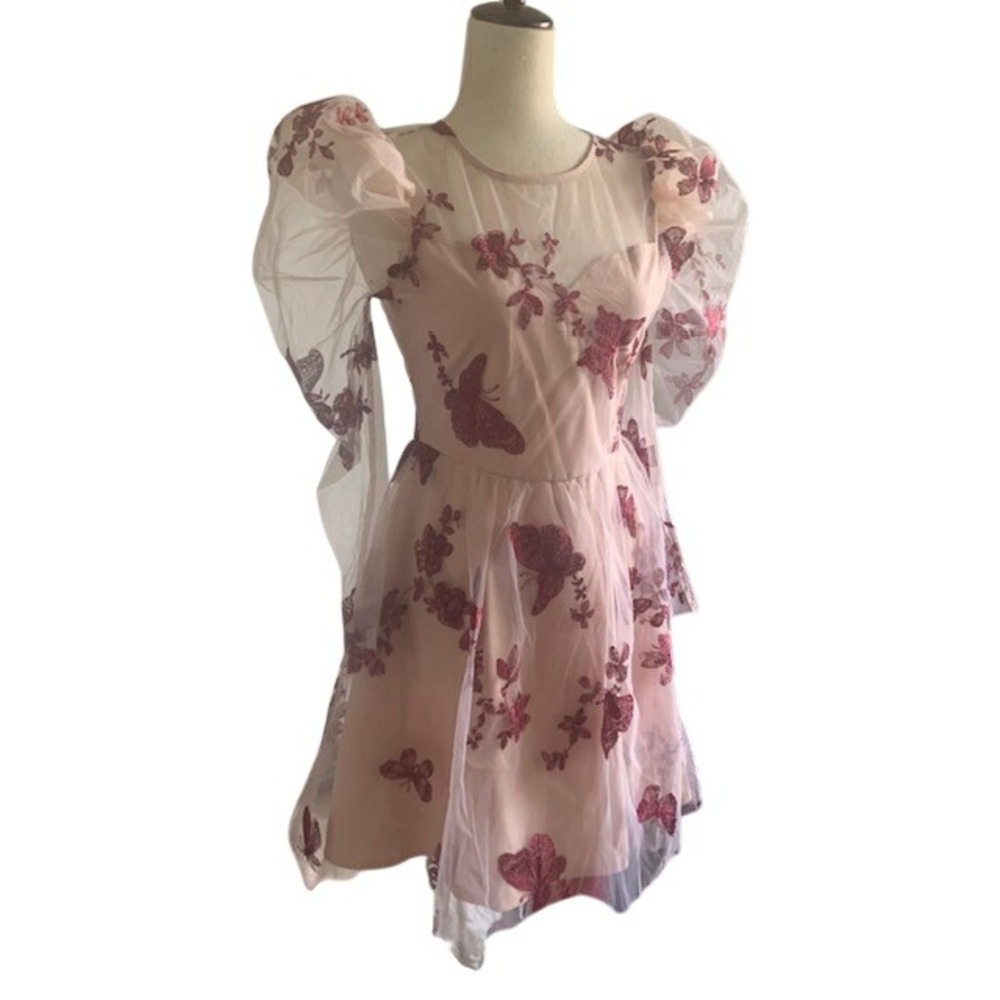Fairy Butterfly Embroidered Mini Dress S Coquette Puff Sleeve Lace Back Boho